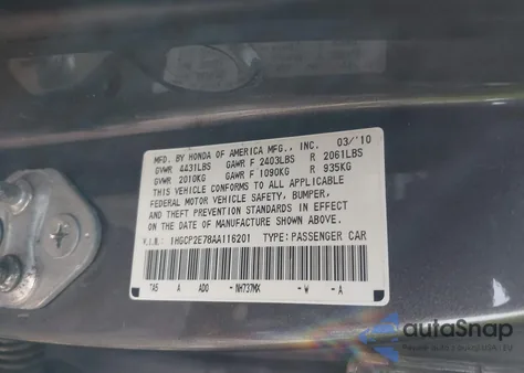 2010 Honda Accord 2.4 Ex z USA, uszkodzony, nr VIN 1HGCP2E78AA116201